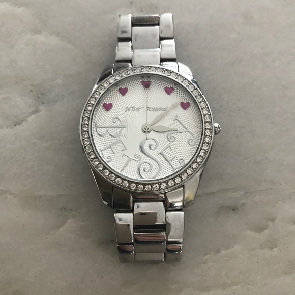 Betsey Johnson Silver Watch with Pink Hearts - Picture 1 of 2